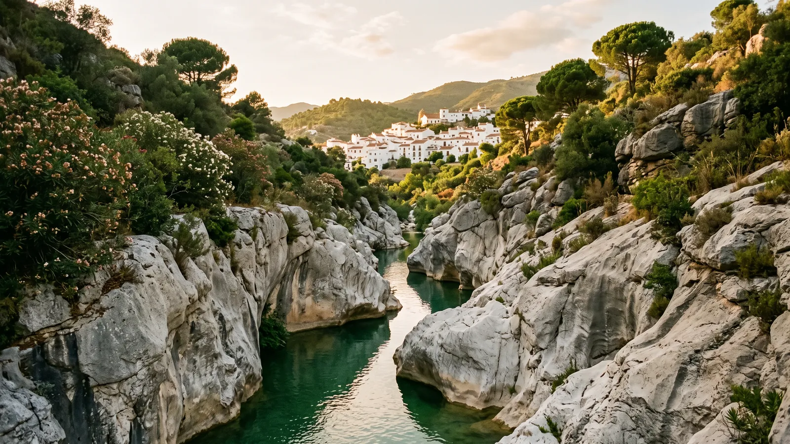 Kalksteinschlucht mit smaragdgrünem Wasser und einem weißen andalusischen Dorf am Hang im Abendlicht