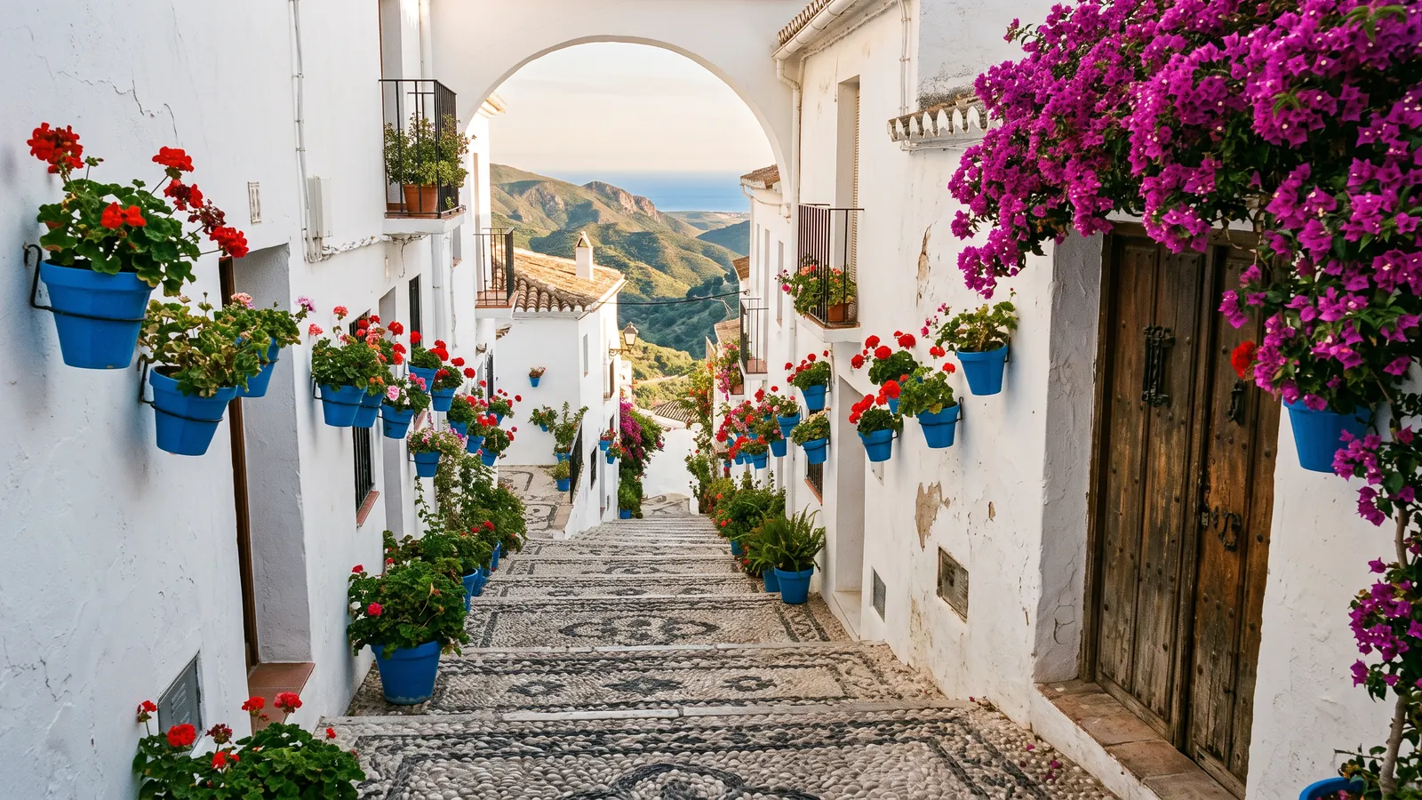 Steile Gasse in einem weißen andalusischen Dorf mit Kieselpflaster, blauen Blumentöpfen und Bougainvillea