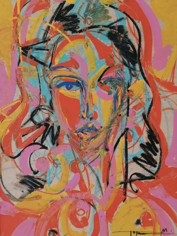 Expressives Frauengesicht in Rot, Gelb und Rosa mit schwarzen Pinselz&uuml;gen, signiert von Markus Tollmann
