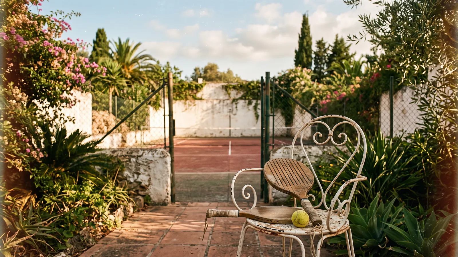 Früher Padelplatz mit weißen Mauern in einem mediterranen Garten, zwei Holzschläger auf einem Eisenstuhl
