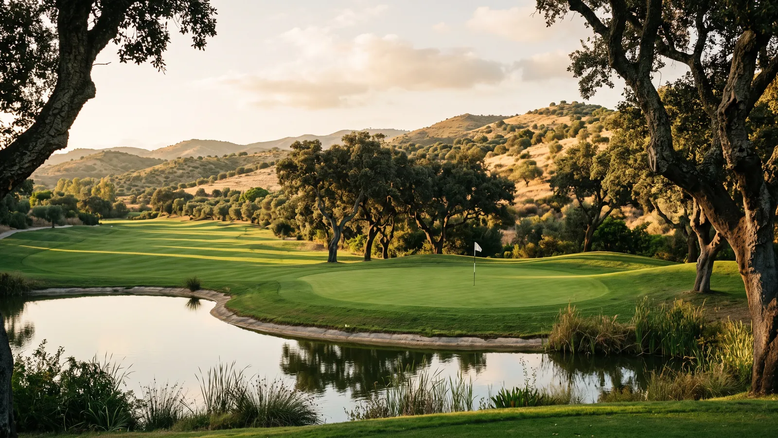 Golfgrün zwischen jahrhundertealten Korkeichen mit kleinem See im Abendlicht in Südspanien